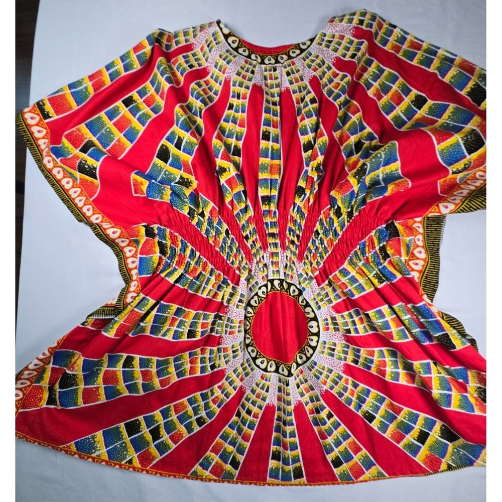 African Dashiki Top Red Sunburst Radial Print Tunic Shirt Boho Unisex One Size